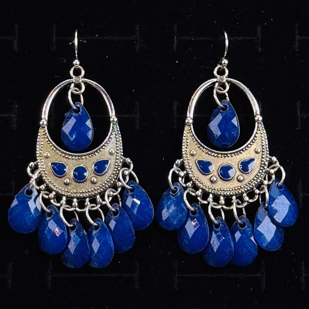 Bohemian chic Blue and Silvertone Chandelier pierced dangle Earrings